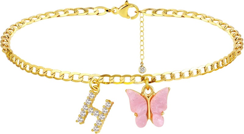 VIROMY 14K Gold Plated Dainty Butterfly Initial Ankle Bracelets Handmade Cuban Chain White Butterfly A-Z Alphabet Letter Initial Anklets Personalized Summer Beach Jewelry Gifts for Women - Image 1